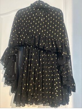 Black A-Line Tiered Ruffle Cape Dress with Gold Dot Accent